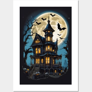 Spooky Moonlight Haunted House Halloween Posters and Art